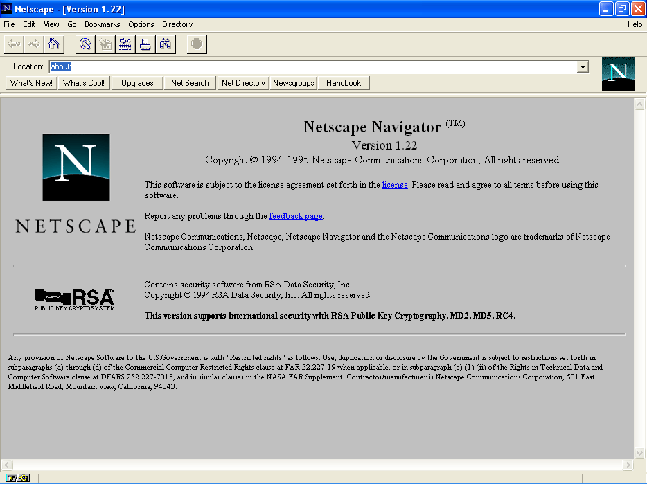Netscape Navigator version 1.222 interface, about page
